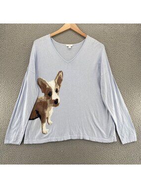 J Jill Sweater Womens Large Periwinkle Dog Intarsia Knit V Neck Tunic Chihuahua